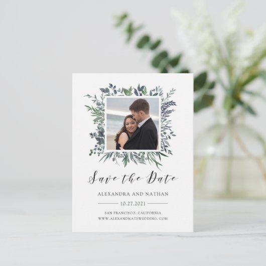 リーフウォーターカラー | 写真付きの結婚式の出欠確認 案内ポストカード (スタンド正面)