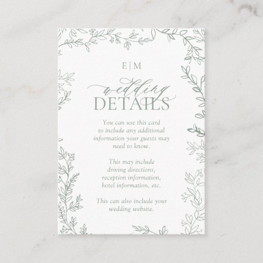 リーフエレガントセージ緑モノグラム結婚の詳細 エンクロージャーカード (正面)