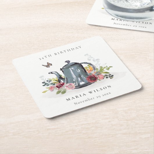 リーフエレガントバラフローラティーポットエイジ誕生日 スクエアペーパーコースター (アングル)