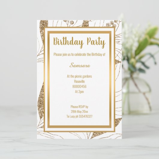 リーフエレガント層金ゴールドすべての行事誕生日 招待状 (スタンド正面)