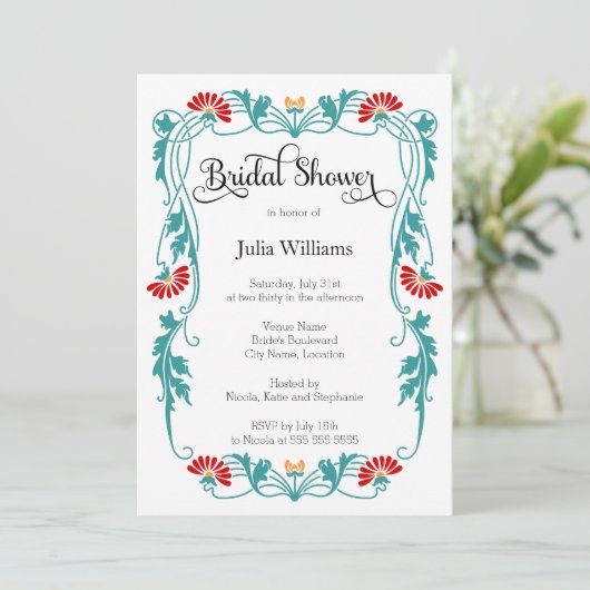 リーフエレガント花模様と渦巻きブライダルシャワー 招待状 (スタンド正面)