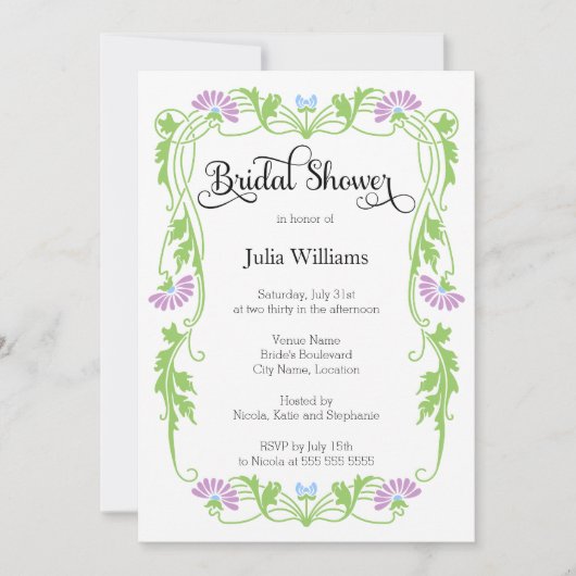 リーフエレガント花模様と渦巻きブライダルシャワー 招待状 (正面)