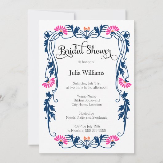 リーフエレガント花模様と渦巻きブライダルシャワー 招待状 (正面)