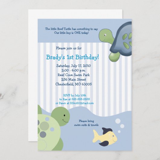 リーフカメ&フィッシュ5x7カスタム誕生日招待状 招待状 (正面/裏面)