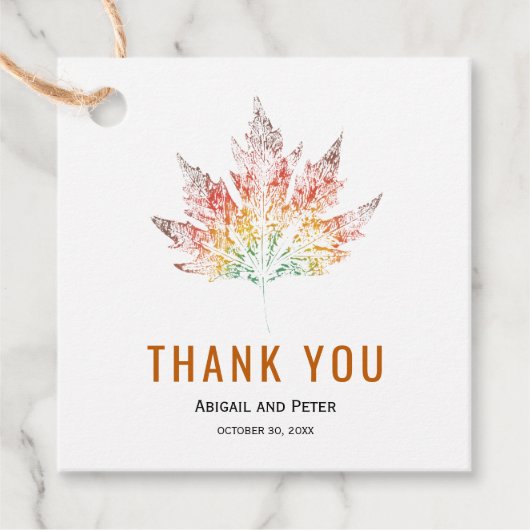 リーフカラフルプリントオレンジサンキューユー秋の結婚式 フェイバータグ (正面)