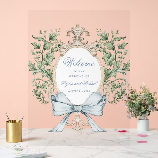 リーフクレストとボウ結婚の歓迎 アクリルサイン (ウェディング)