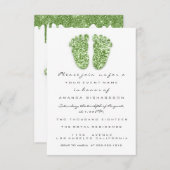 リーフグリッターホワイトミントグリーンベビーシャワー足 招待状 (正面/裏面)