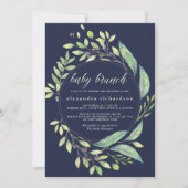 リーフグリーンウォーターカラーベビーブランチダークブルー 招待状 (正面)