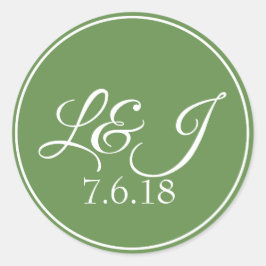 リーフグリーン&ホワイトカップルのイニシャル&結婚ズ日付 ラウンドシール