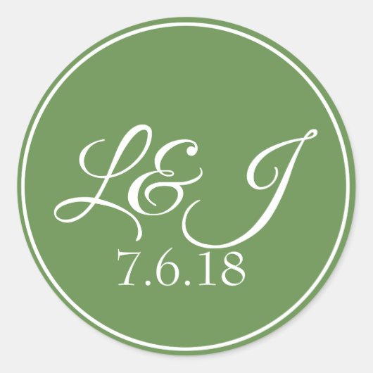リーフグリーン&ホワイトカップルのイニシャル&結婚ズ日付 ラウンドシール (正面)