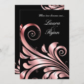 リーフスワール結婚式招待状ブラックピンク 招待状 (正面/裏面)