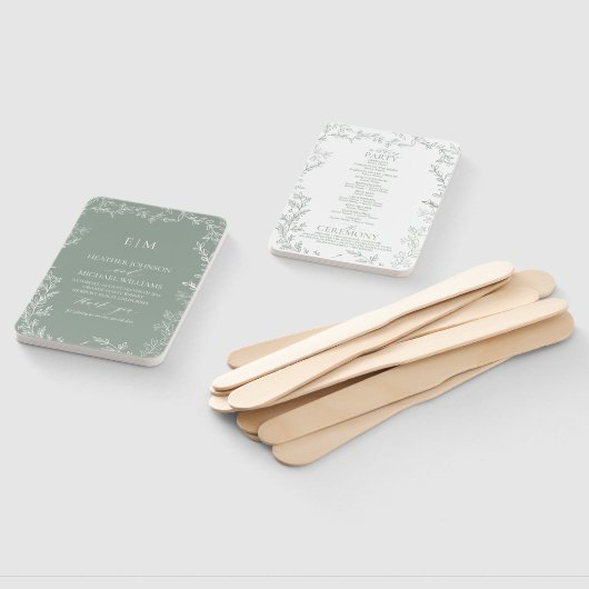 リーフセージグリーンモノグラムエレガント結婚式 プログラム ハンドファン (組立なし)