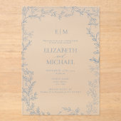 リーフダスティブルーモノグラム結婚ポストズブランチ アクリル招待状 (正面)