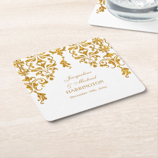 リーフダマスクアールヌーボーグリッター披露宴デコール スクエアペーパーコースター (アングル)