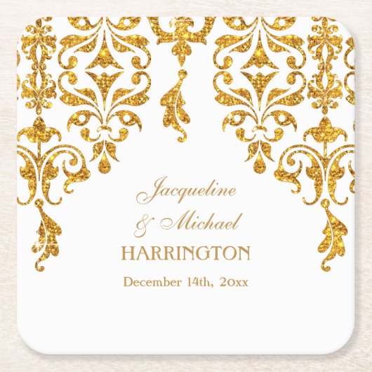 リーフダマスクアールヌーボーグリッター披露宴デコール スクエアペーパーコースター (正面)