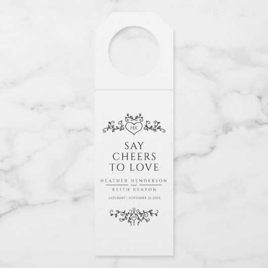 リーフハートモノグラム白黒カスタムウェディング ボトルネックタグ (正面)