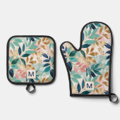 リーフパターかわいらしンカラフルモノグラムの葉の 鍋つかみ&鍋敷きセット (正面)