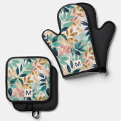 リーフパターかわいらしンカラフルモノグラムの葉の 鍋つかみ&鍋敷きセット (正面/裏面)