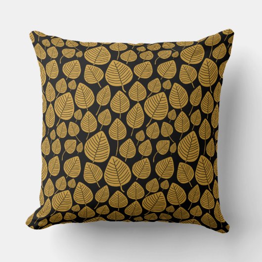 リーフパターン02 -金ゴールド茶色(黒) クッション (正面)