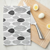 リーフパターン – 白に黒 キッチンタオル (四つ折り)