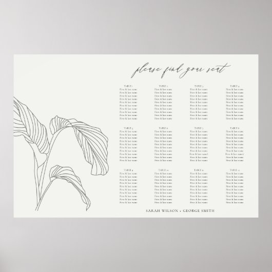 リーフパームスケッチ白黒結婚のシーティングチャート ポスター (正面)