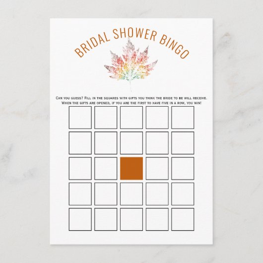 リーフプリントオレンジブライダルシャワービンゴゲームカード エンクロージャーカード (正面)