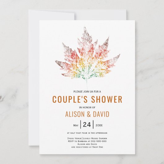 リーフプリントオレンジ秋の結婚式カップルのシャワー 招待状 (正面)