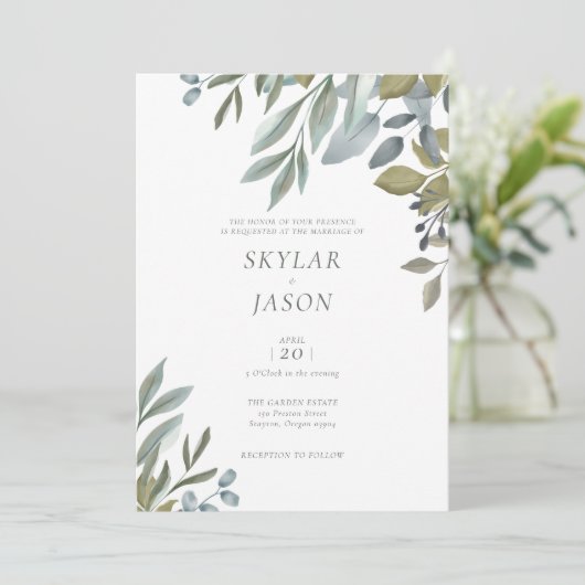 リーフミニマルウォーター色セージ緑結婚の 招待状 (スタンド正面)