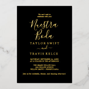 リーフミニマルゴールドフォイル黒スペインの"Nuestra Boda 箔招待状