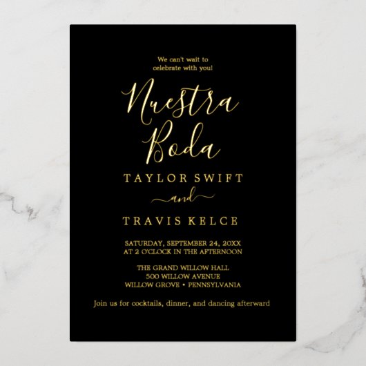 リーフミニマルゴールドフォイル黒スペインの"Nuestra Boda 箔招待状 (正面)