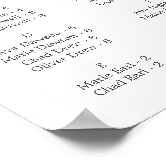 リーフミニマルダークグレーのアルファベットの座席表 ポスター (角)