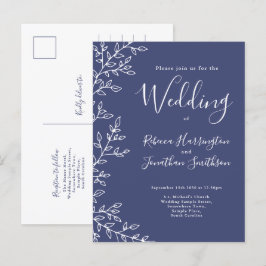 リーフミニマルネイビーブルー結婚式招待状はがき インビテーションポストカード