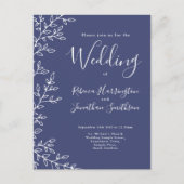 リーフミニマルネイビーブルー結婚式招待状はがき インビテーションポストカード (正面)