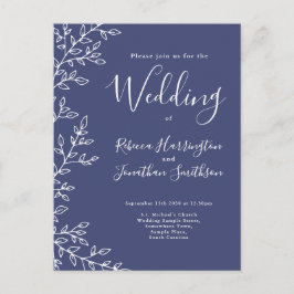 リーフミニマルネイビーブルー結婚式招待状はがき インビテーションポストカード