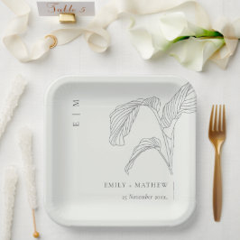 リーフミニマルパームスケッチ白黒結婚ズ ペーパープレート