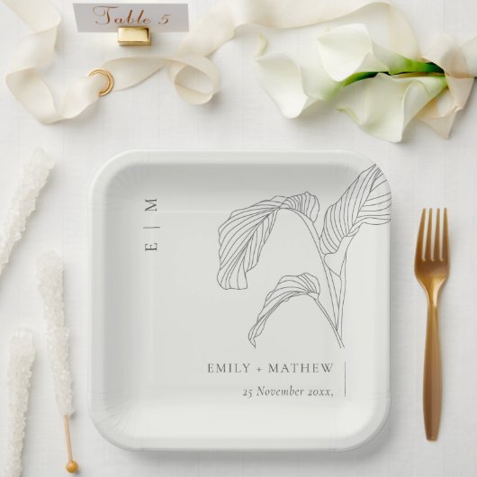 リーフミニマルパームスケッチ白黒結婚ズ ペーパープレート (ウェディング)
