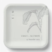 リーフミニマルパームスケッチ白黒結婚ズ ペーパープレート (正面)