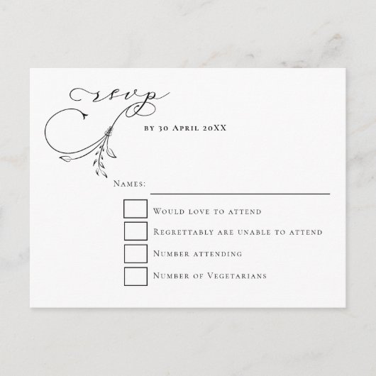 リーフミニマルブラックスクリプトタイポグラフィウェディングRSVP ポストカード (正面)