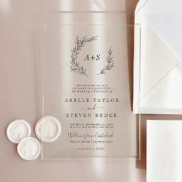 リーフミニマルモノグラム緑ボホモダン結婚の アクリル招待状