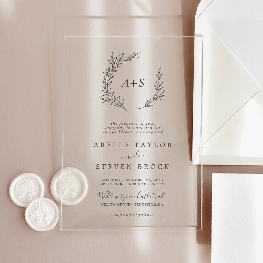 リーフミニマルモノグラム緑ボホモダン結婚の アクリル招待状