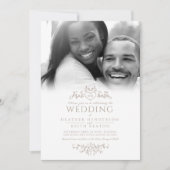 リーフラインアートのハートモノグラム茶色の結婚式の写真 招待状 (正面)