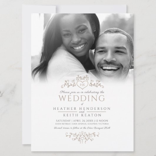 リーフラインアートハートモノグラムタンウェディングフォト招待状 招待状 (正面)