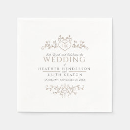 リーフラインアートハートモノグラム結婚タンのナプキン スタンダードカクテルナプキン