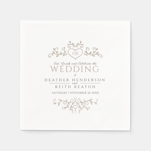 リーフラインアートハートモノグラム結婚タンのナプキン スタンダードカクテルナプキン (正面)