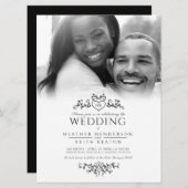 リーフラインアートハートモノグラム結婚ブラックの写真 招待状 (正面/裏面)