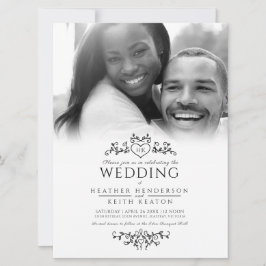 リーフラインアートハートモノグラム結婚ブラックの写真 招待状