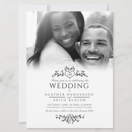 リーフラインアートハートモノグラム結婚ブラックの写真 招待状 (正面)