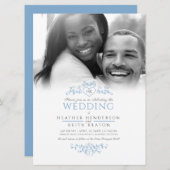 リーフラインアートハートモノグラム結婚ブルーの写真 招待状 (正面/裏面)