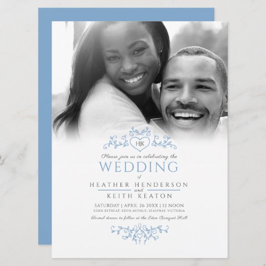リーフラインアートハートモノグラム結婚ブルーの写真 招待状 (正面/裏面)
