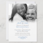 リーフラインアートハートモノグラム結婚ブルーの写真 招待状 (正面)